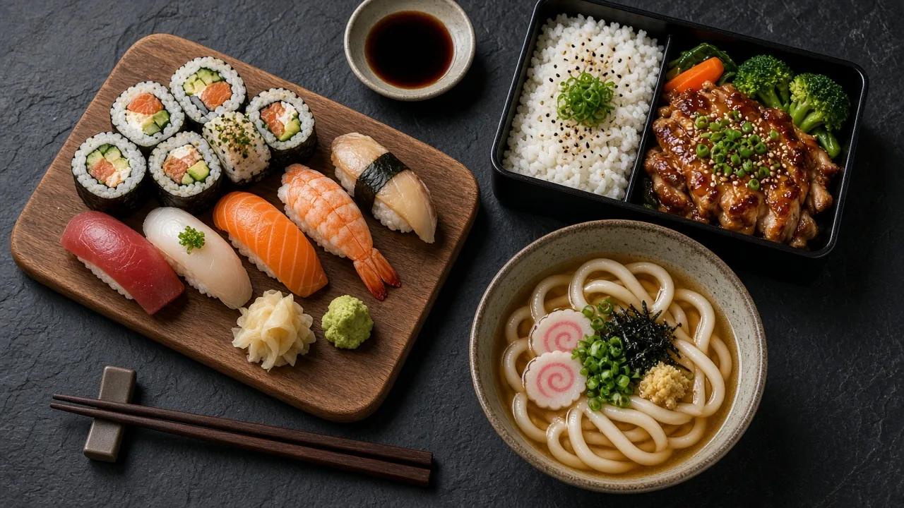 Overhead view of assorted sushi and nigiri on a wooden board, a teriyaki bento box and a bowl of udon on a dark slate table